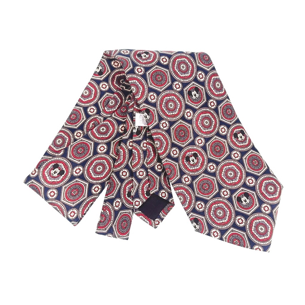 Disney Mickey Mouse Silk Tie Navy Red Geometric Medallion 3.75" x 60.5"